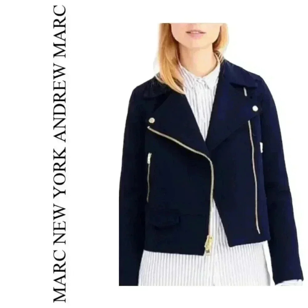 Marc NY Andrew Marc Knit Moto Navy Jacket Size Medium